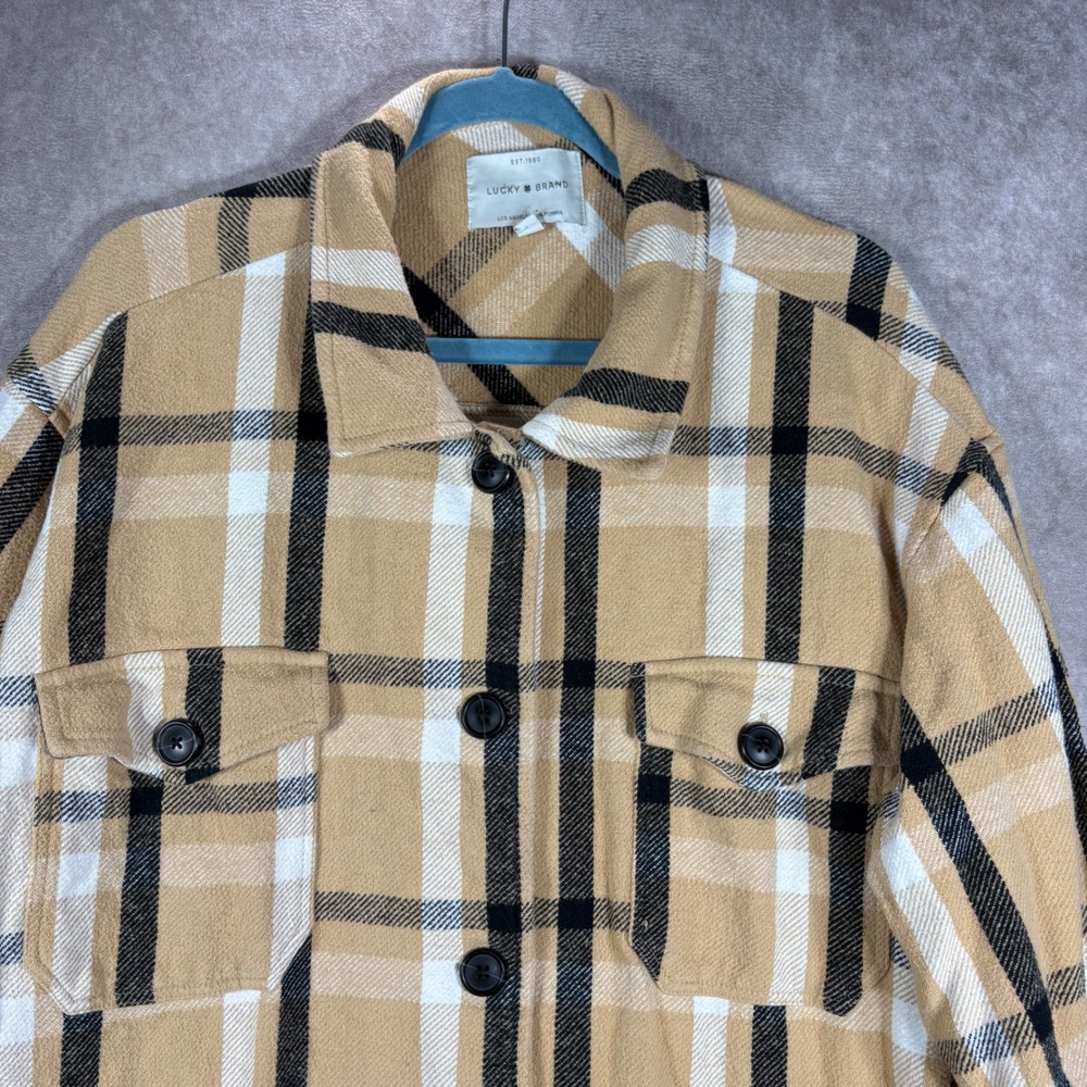 Lucky Brand Shacket Womens XL Tan Plaid Button Up Oversized Cotton Flannel Coat - Picture 2 of 9